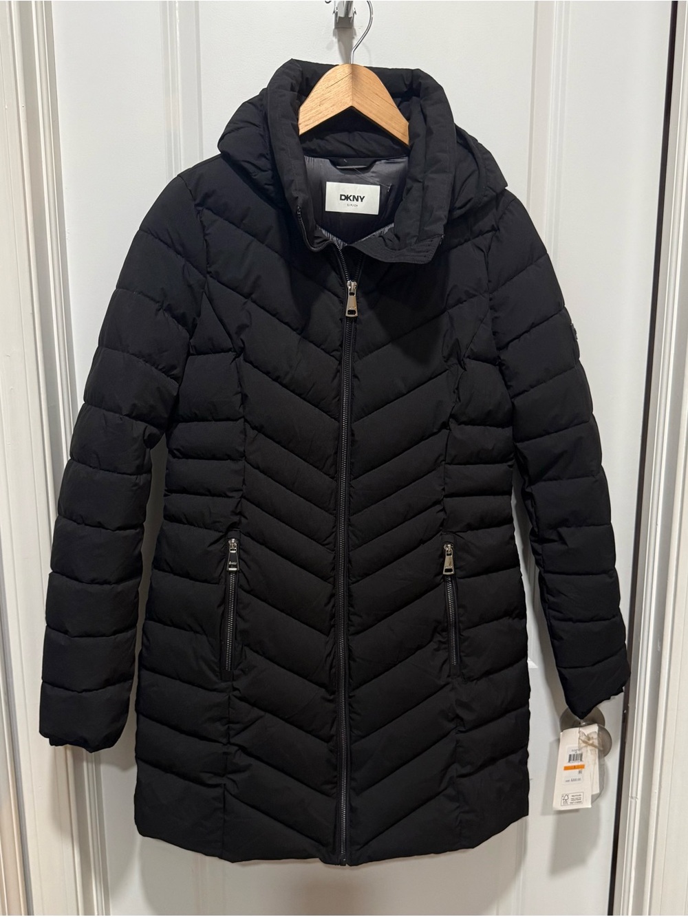 DKNY Black Quilted Hooded Long Puffer Coat